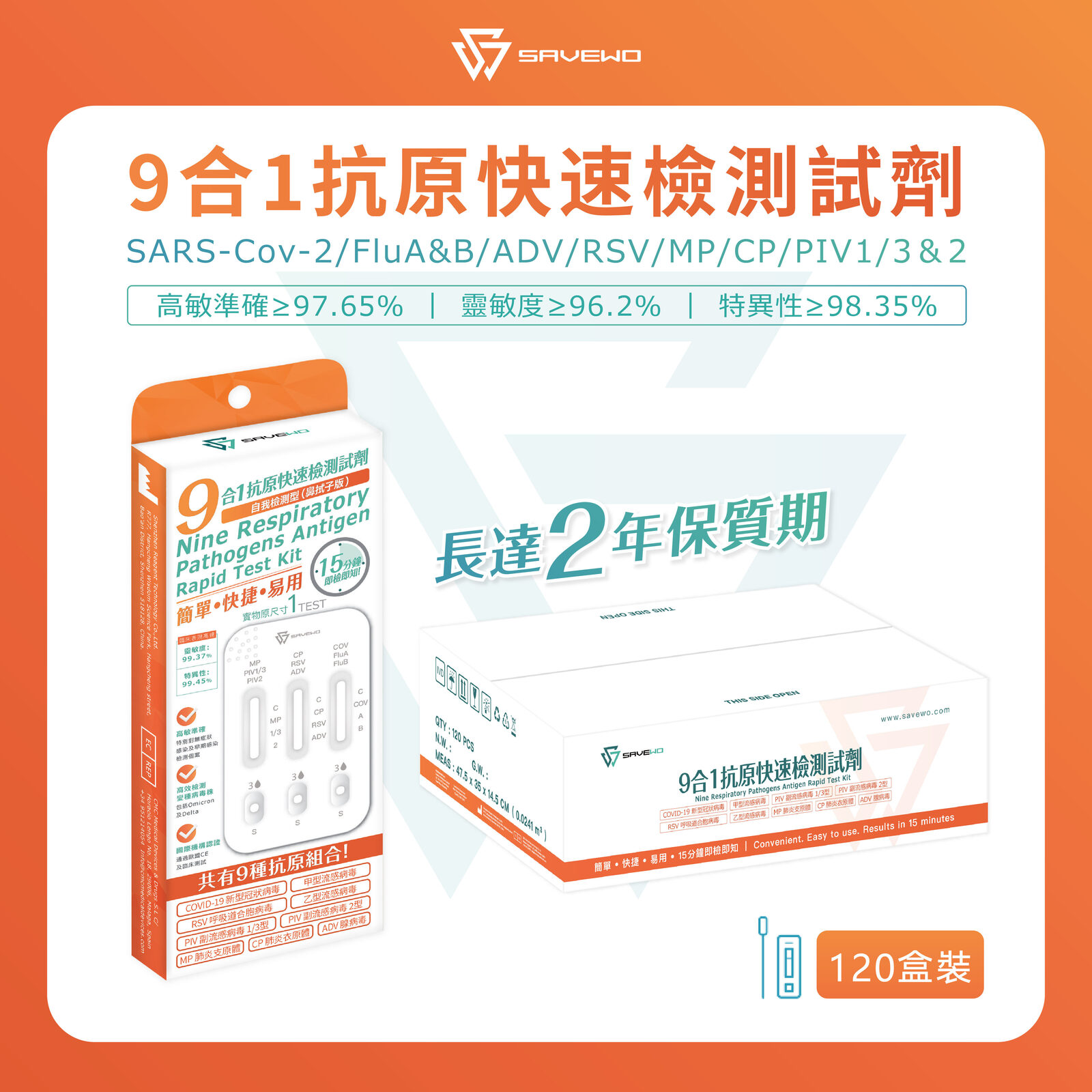 *120支裝* SAVEWO 九合一抗原快速檢測試劑 (新型冠狀病毒 Covid-19 / 呼吸道合胞病毒 RSV / 甲型流感 Flu A/ ⼄型流感 Flu B/ 腺病毒 RSV/ 肺炎支原體 MP/副流感 PIV 1/3型/副流感PIV 2型/肺炎衣原體 CP)