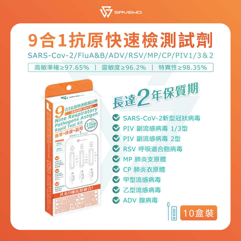 *5支裝* SAVEWO 九合一抗原快速檢測試劑 (新型冠狀病毒 Covid-19 / 呼吸道合胞病毒 RSV / 甲型流感 Flu A/ ⼄型流感 Flu B/ 腺病毒 RSV/ 肺炎支原體 MP/副流感 PIV 1/3型/副流感PIV 2型/肺炎衣原體 CP)